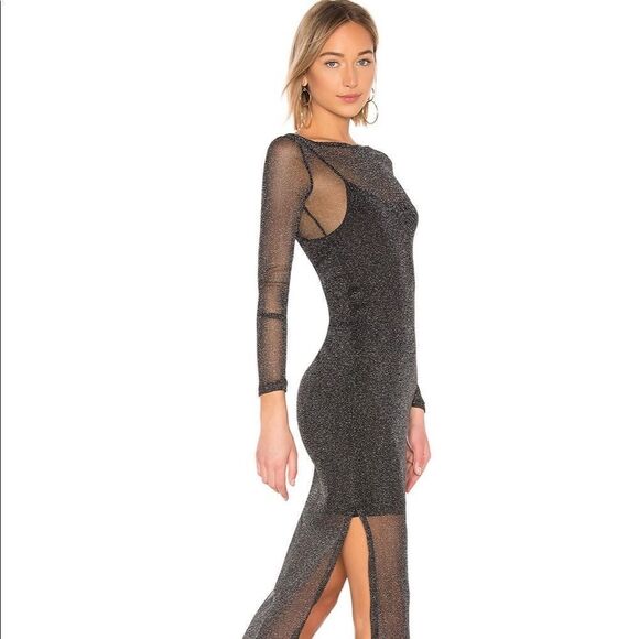MINKPINK In the Night Black Sheer Sparkle Mesh Midi Dress Over Slip Dress XS NWT - Picture 3 of 16